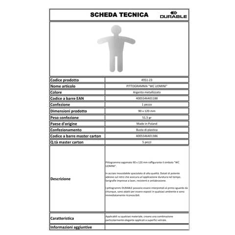 Pittogramma adesivo DURABLE 90 x 120 mm acciaio inossidabile spazzolato argento metallizzato WC uomini - 495123